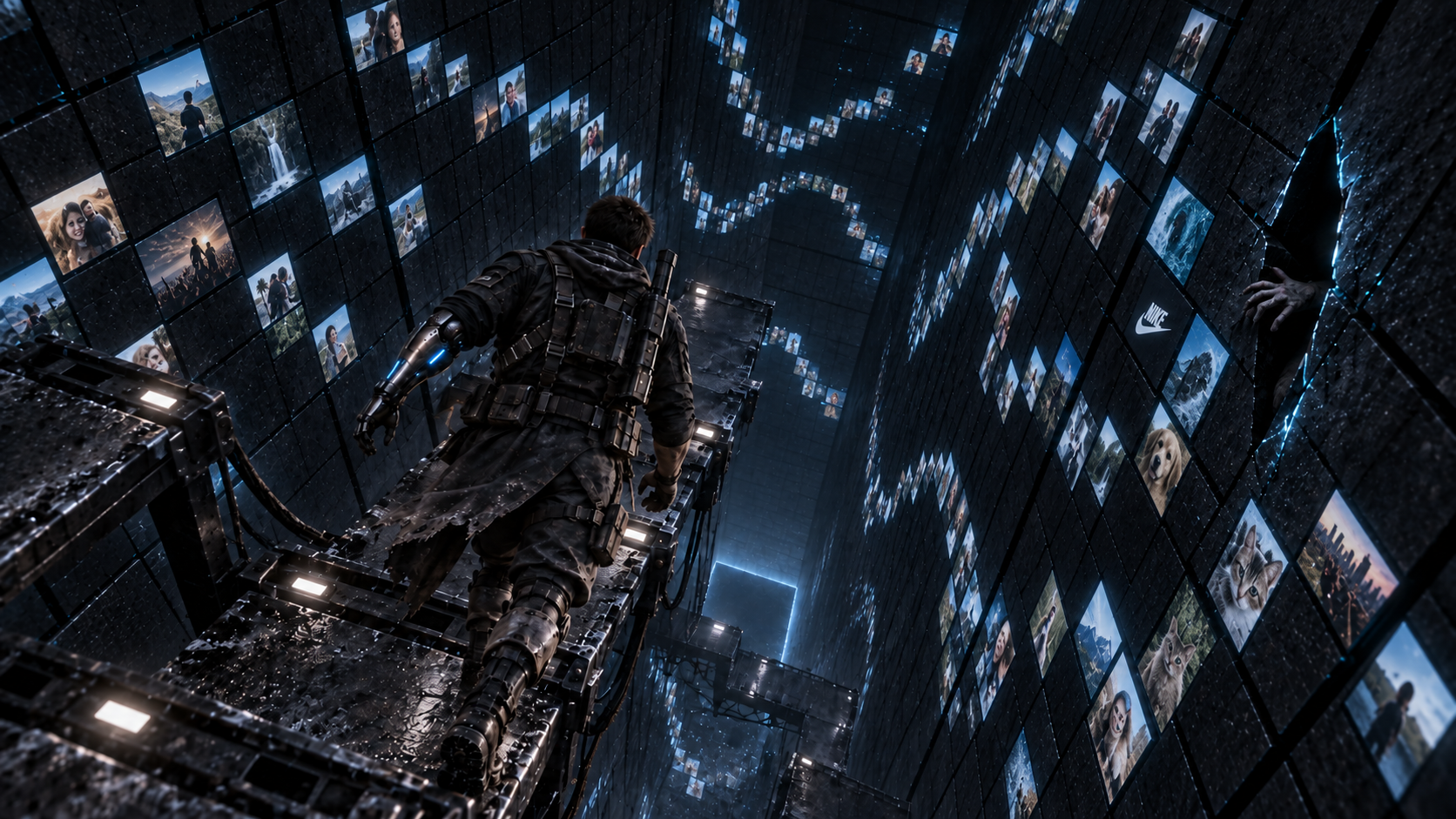 The hero descends into a dark tunnel lined with images