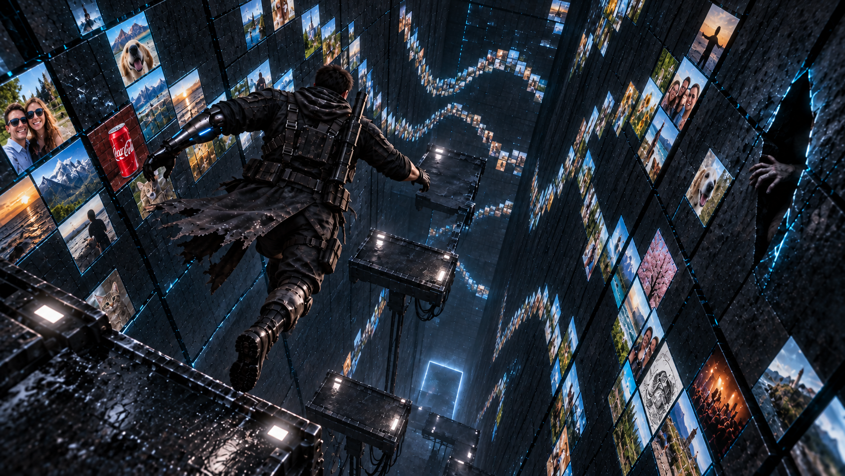 The hero leaps between platforms deep inside the cube