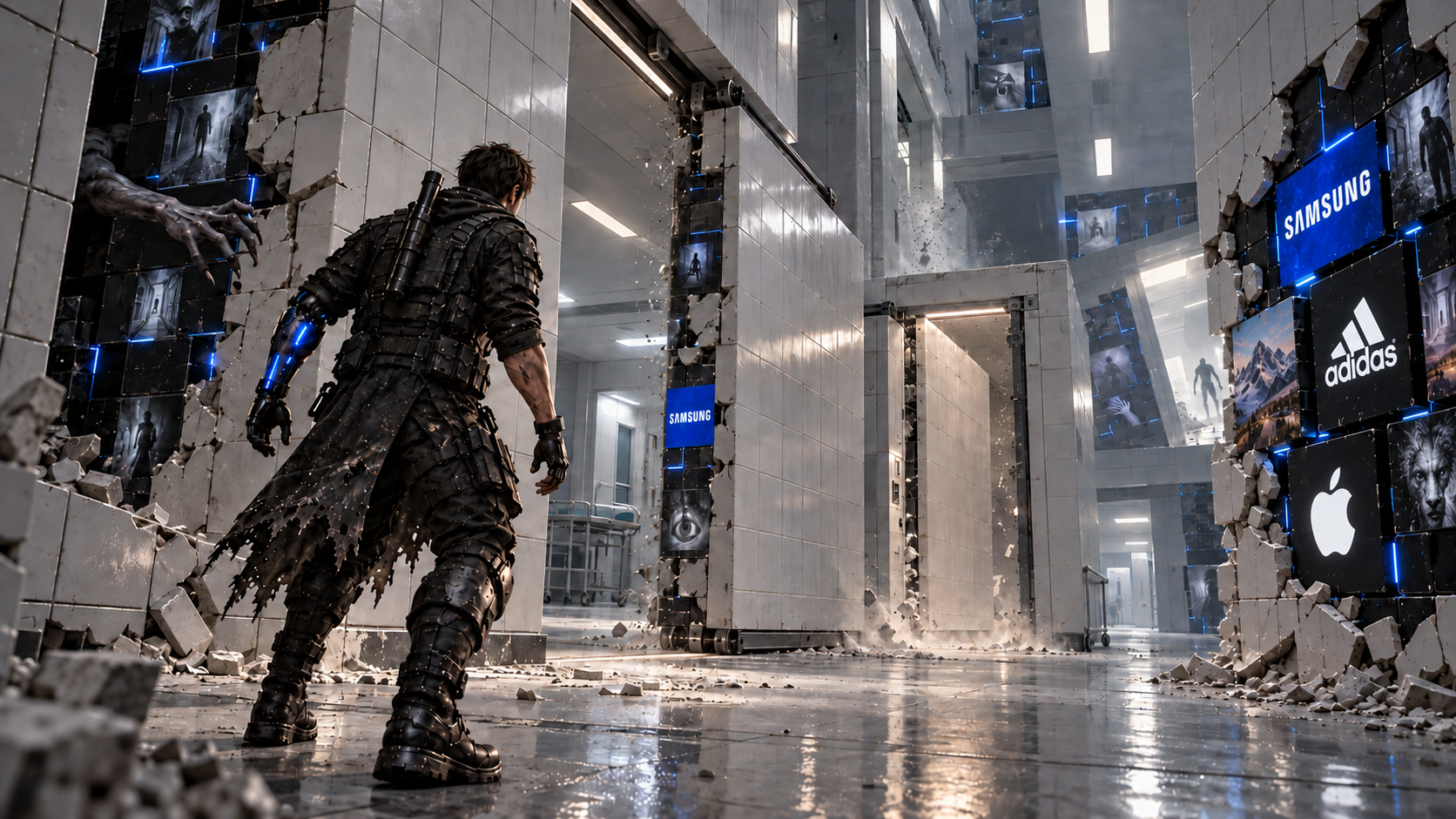 The hero in a living white labyrinth; a hand reaches from a wall and an eye watches among the segments