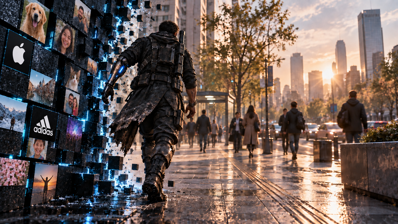 The hero steps out of the segmented cube onto a city street