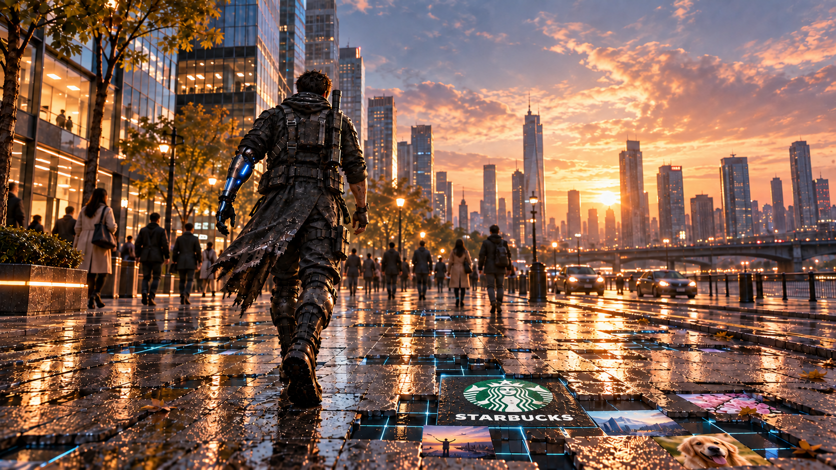 The hero walks through a city where glowing segments appear beneath a wet street