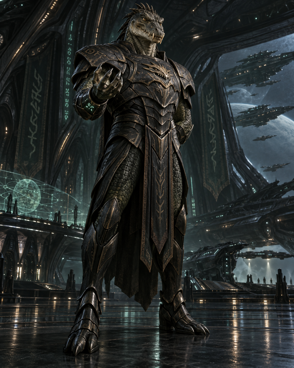 Concept 02: armored reptilian figure in a space hall