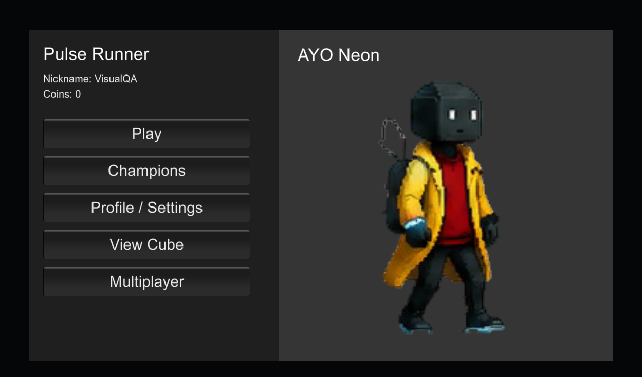AYO Neon in a yellow coat on the earlier menu screen