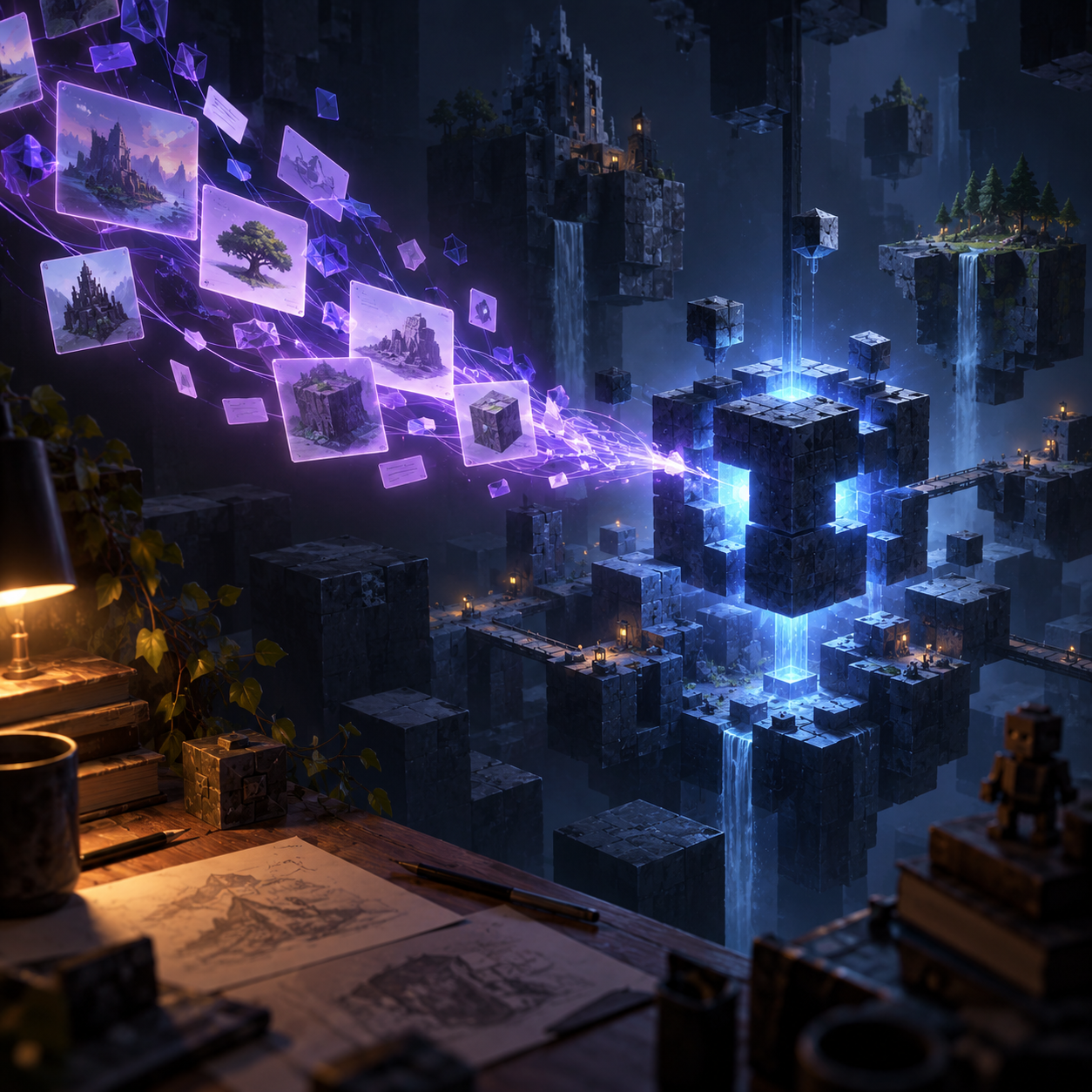 Concept art: sketches and images connect to a floating segmented cube